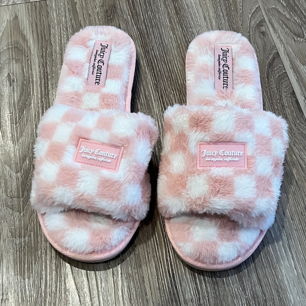Juicy Couture Fuzzy Pink and White Slides